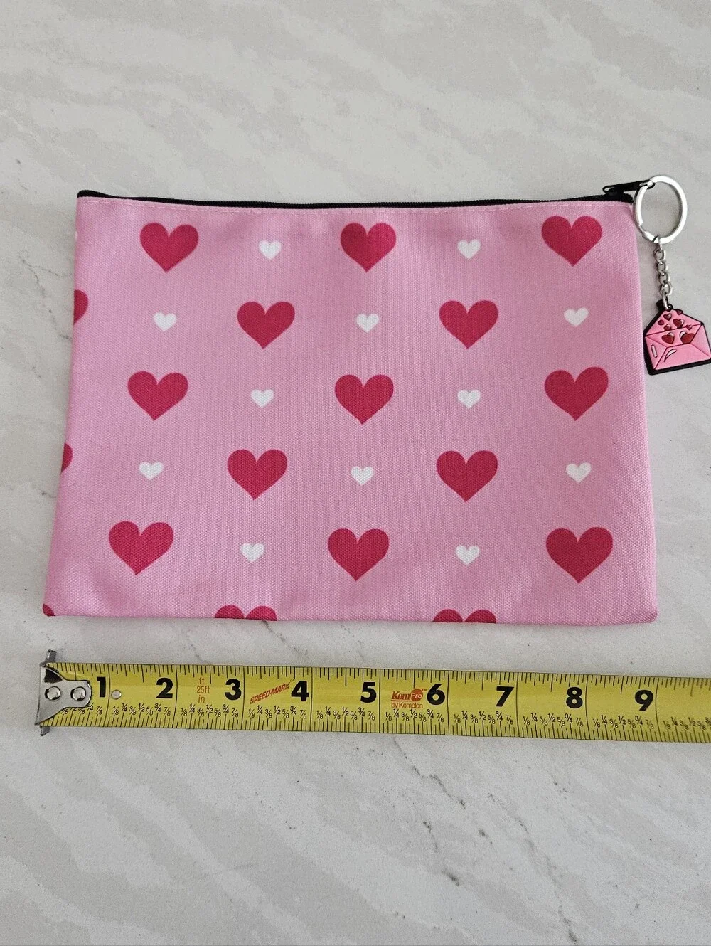 Pink Heart Print Cosmetic Pouch With Bag Charm